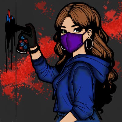 realistic girl with mask spray painting a wall