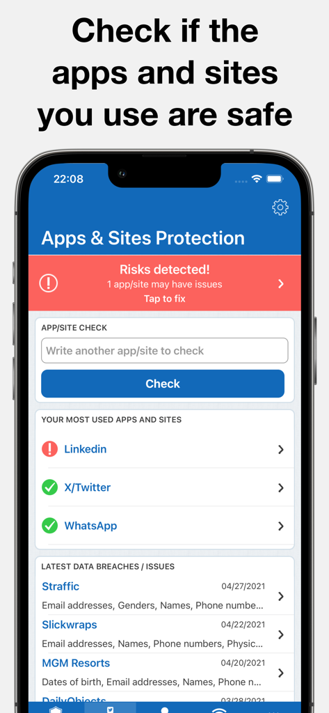 Interface of the MyTop app showing app and website safety checks with risk alerts and data breach reports