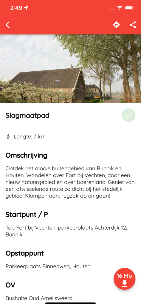 Klompenpaden - Details of the 7km Slagmaatpad walking route in the Klompenpaden app