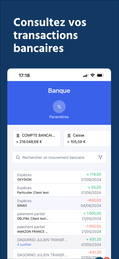Sinao - Mobile interface of the Sinao app displaying business bank transactions and account balances