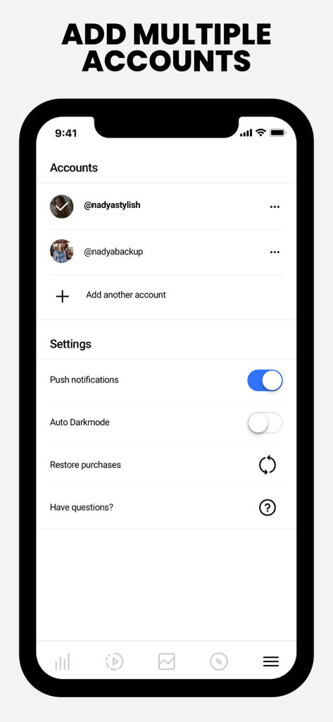 FollowMeter app interface showing the option to add multiple accounts and manage app settings
