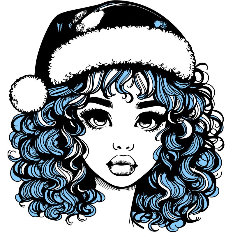 realistic girl with a santa hat curly hair and lips