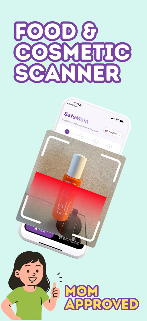 Application SafeMom scannant un produit de soin de la peau pour la sécurité pendant la grossesse avec le texte Scanner d'aliments et de cosmétiques.