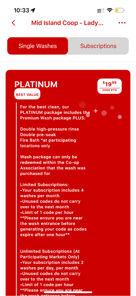 Co-op Car Wash - Platinum car wash package details and subscription pricing in the Co-op Car Wash mobile app.