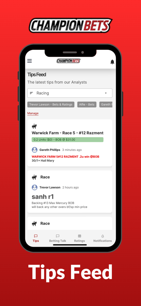 Champion Bets - Screenshot of the Champion Bets mobile app showing the Tips Feed with professional betting analysis and horse racing tips