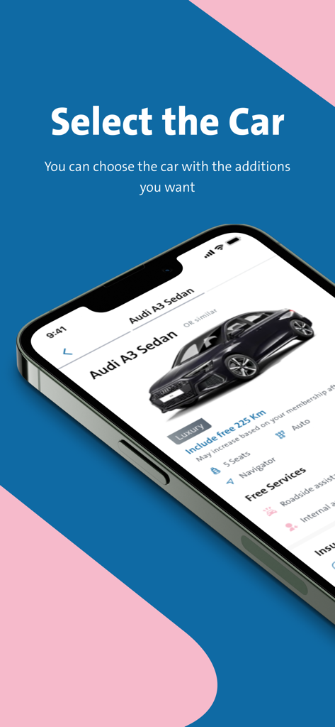 Car selection screen in the Theeb Rent A Car mobile app showing an Audi A3 Sedan