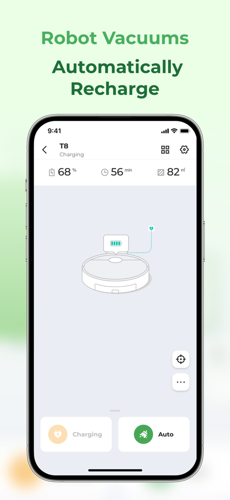 Vactidy - Vactidy mobile app interface showing a robot vacuum charging status with battery and cleaning details
