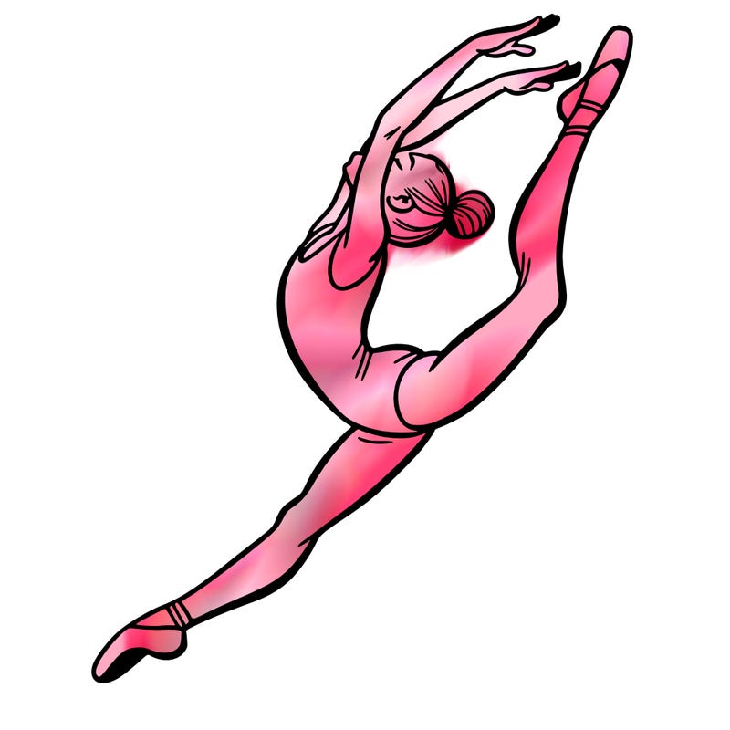 gymnast doing a leap in a leotard with a bent back leg