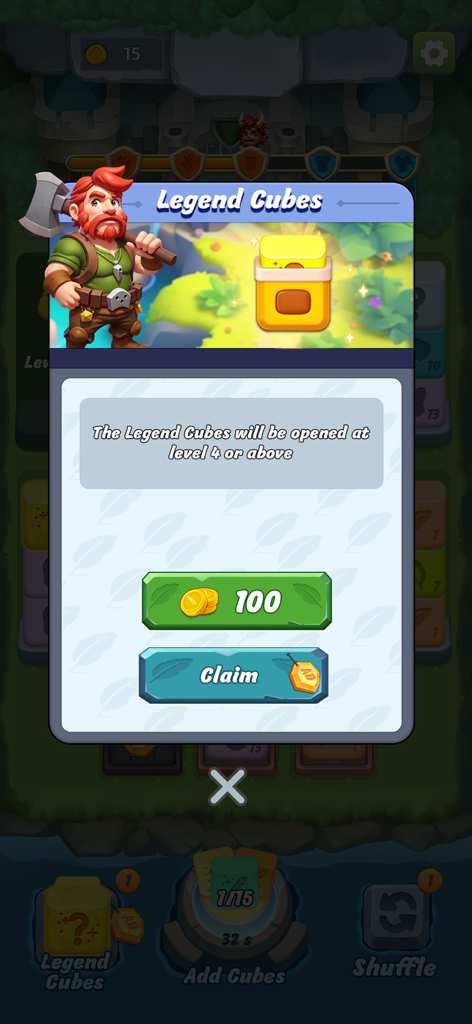 Cube Legend: Sort and Merge - In game reward popup showing legend cubes unlock level and hero character