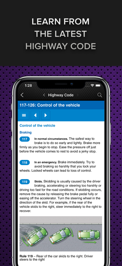 Driver CPC Case Studies Test - A mobile app interface displaying Highway Code rules for vehicle control and skidding