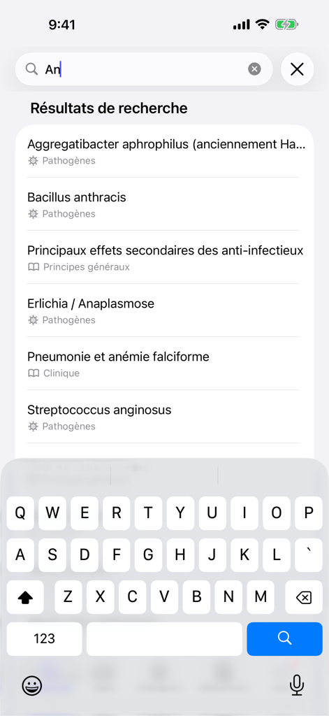 Antibiothérapie Pédiatrique - A mobile phone screen showing search results for pediatric pathogens and clinical information in the Antibiothérapie Pédiatrique app.