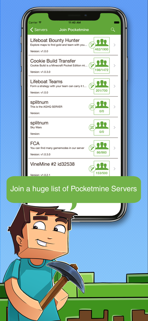 A mobile screen displaying a list of available Pocketmine servers to join in Minecraft PE with a cartoon character holding a pickaxe.