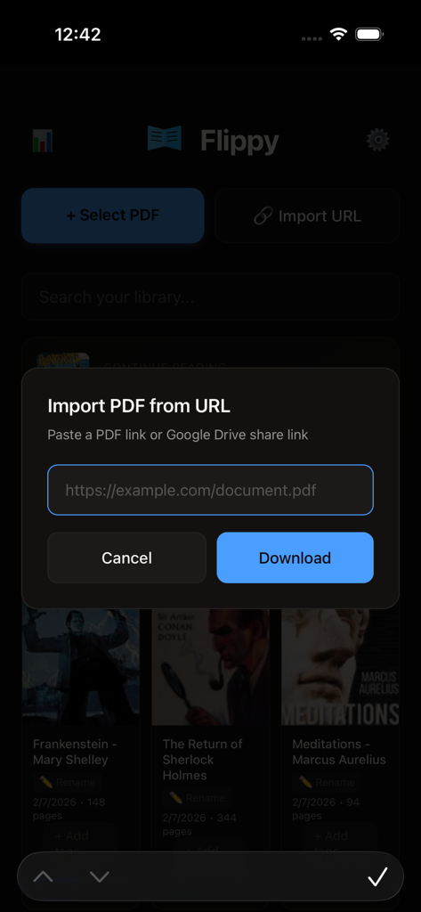 Flippyアプリ内のモーダルポップアップ。PDFまたはGoogleドライブ共有リンクを貼り付けてドキュメントをダウンロードおよびインポートするようにユーザーに求めます。