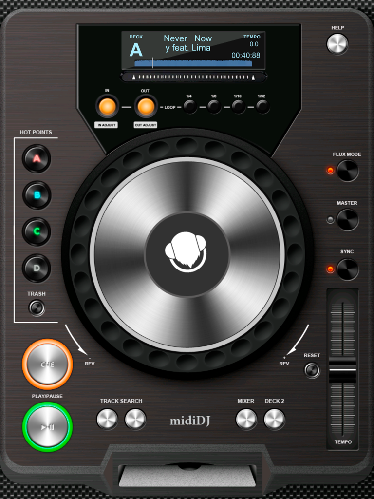 Midi DJ - Digital DJ deck interface on iPad featuring a jog wheel tempo fader and playback controls