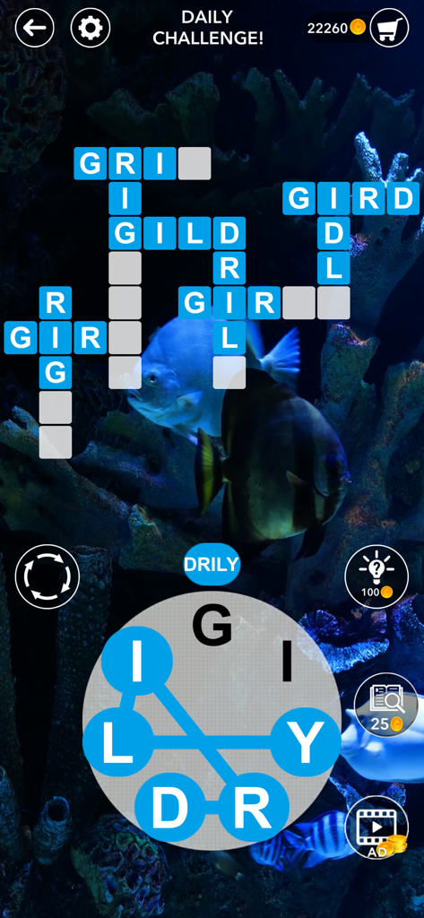 Crossword Puzzles for Seniors・ - A daily crossword puzzle challenge for seniors with a relaxing aquarium background.