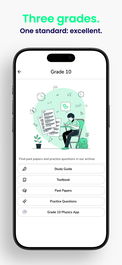 Grade 10,11,12 Mathematics App - Interfaz de la aplicación de estudio de matemáticas de Grado 10 con opciones de guías de estudio, libros de texto y exámenes anteriores.