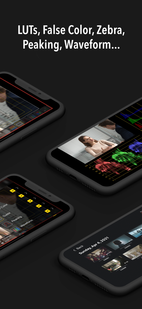 Visualización de funciones profesionales de monitorización de cámaras, incluyendo formas de onda y LUTs, en varios iPhones utilizando la aplicación Monitor plus