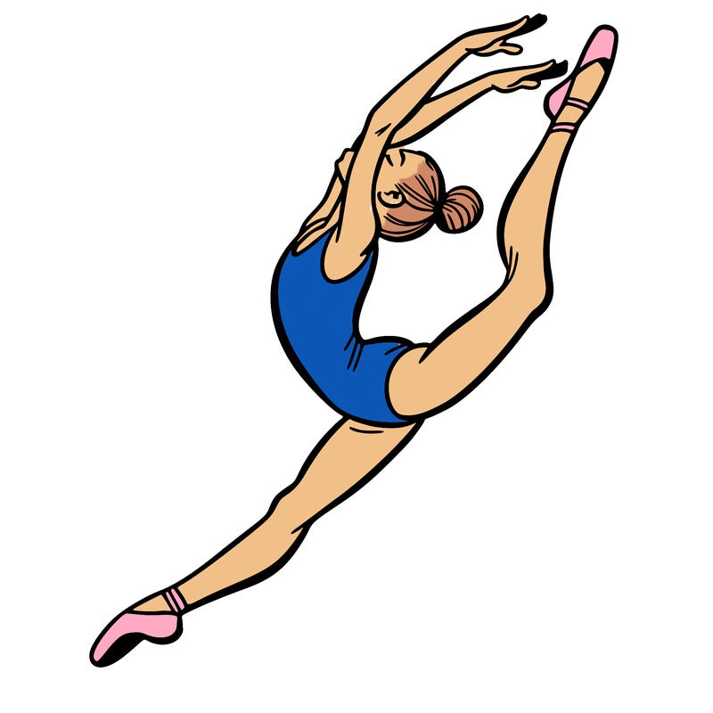 gymnast doing a leap in a leotard with a bent back leg