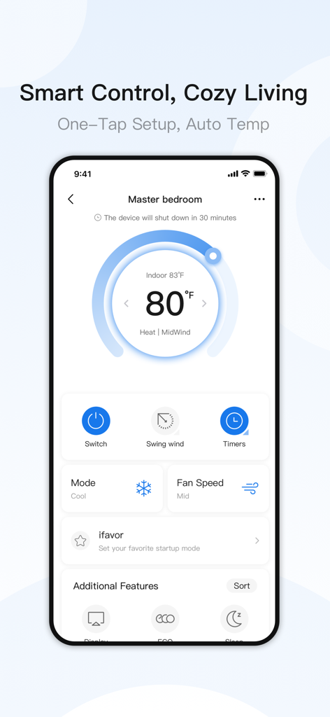 AUX Home - Panel de la aplicación AUX Home que muestra los controles de temperatura y ventilador para un aire acondicionado inteligente en el dormitorio principal