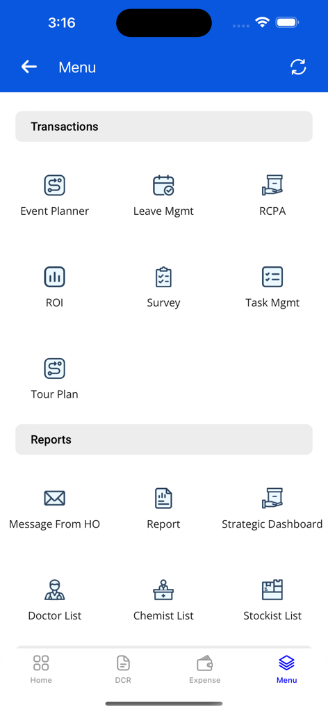 SFA360 - SFA360 app menu showing transactions and reports categories for pharmaceutical sales force automation