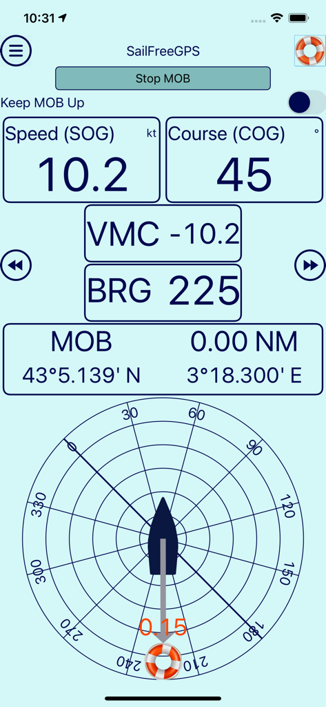 SailFreeGPS - SailFreeGPS mobile app interface displaying the Man Overboard navigation tool with speed and course data.