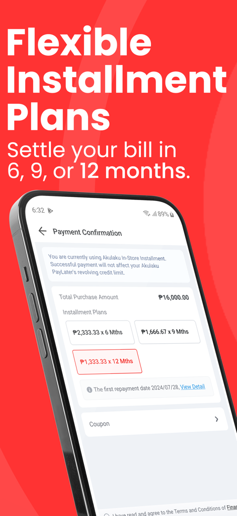 Akulaku PayLater - Akulaku PayLater mobile app screen showing options for monthly installment payments of 6 9 and 12 months