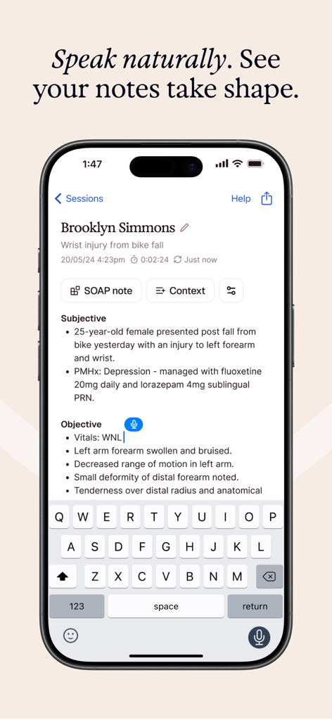 Smartphone screen showing the Heidi AI Medical Scribe app with automated patient SOAP notes and dictation features