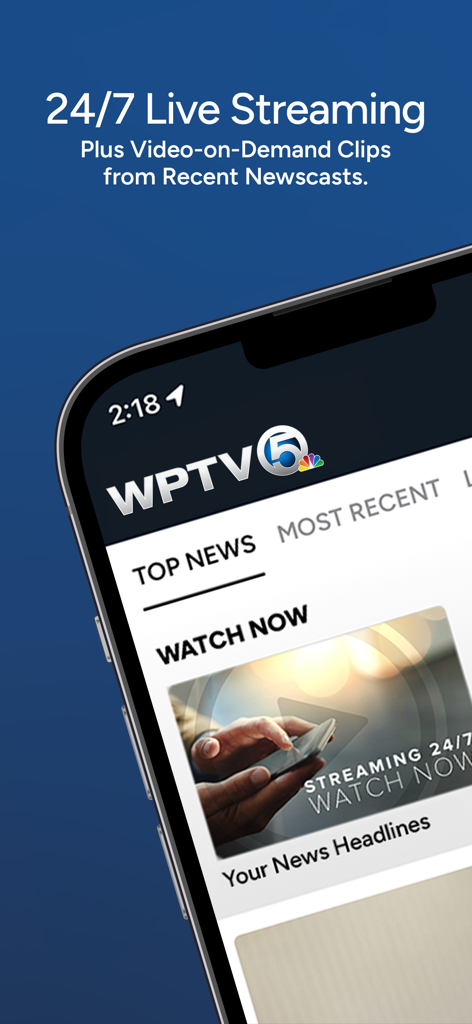 WPTV News Channel 5 West Palm - WPTV News app interface showing 24/7 live streaming and top news stories on a mobile device