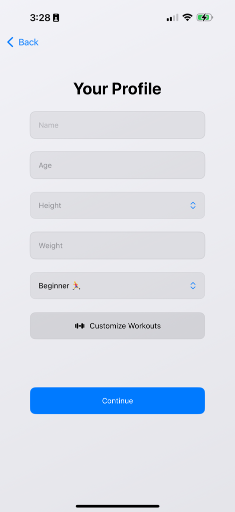 Fitness Buddy! - Profile setup screen in the Fitness Buddy app for entering user name age height and weight