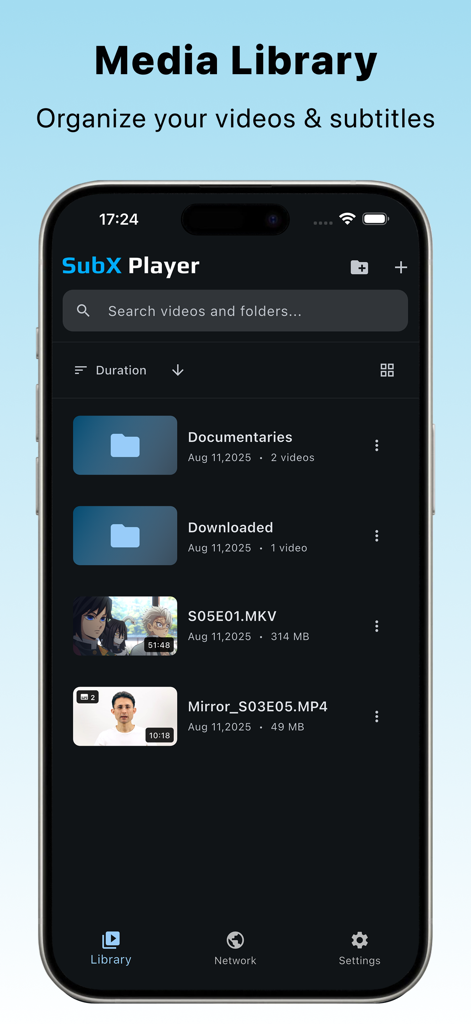 SubX Player – Dual Subtitles - Écran de la bibliothèque multimédia de SubX Player montrant des dossiers et des fichiers vidéo organisés