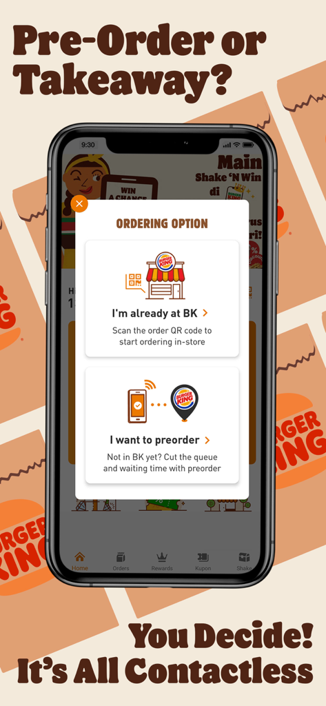 Burger King Indonesia app screenshot showing contactless ordering options including pre-order and takeaway