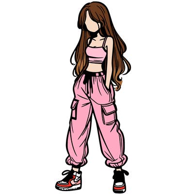 girl in baggy pants crop top and long hair