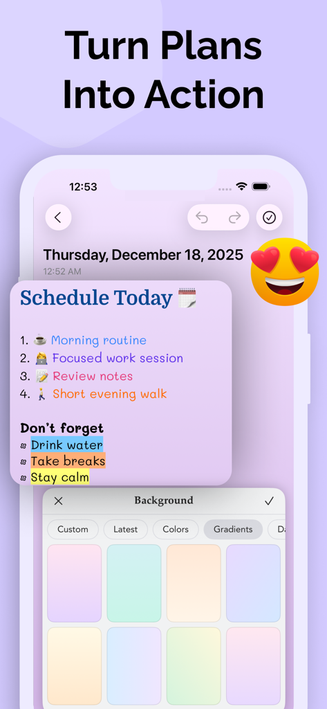 My Diary - Journal & Notes - My Diaryアプリのインターフェース。毎日のスケジュールとパステル調の背景カスタマイズを特徴としています。