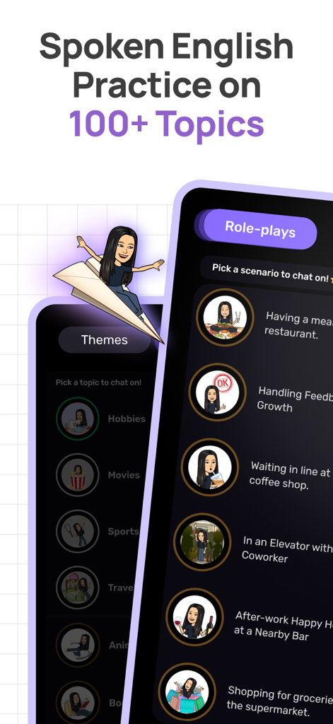 Stimuler- English Speaking App - Pantalla de la app Stimuler mostrando varios temas de práctica de inglés y escenarios de juego de roles de la vida real.