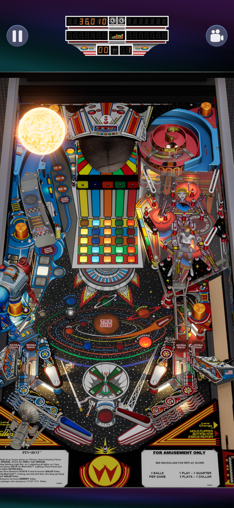 Zen Pinball World - Gameplay screenshot of the Pin-Bot Williams pinball table featuring a retro space theme and a colorful light grid.