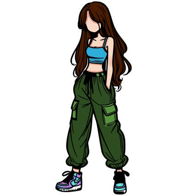 girl in baggy pants crop top and long hair