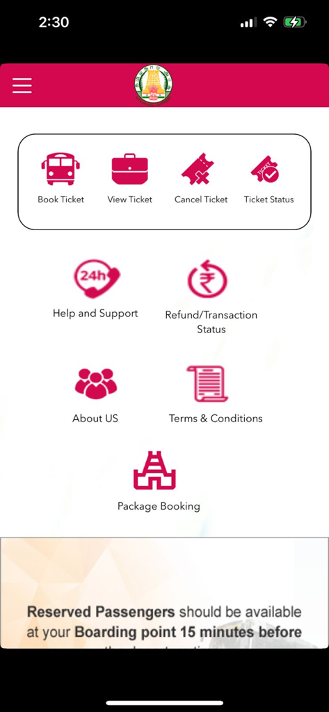 Main menu of the TNSTC bus booking app with icons for booking and managing tickets