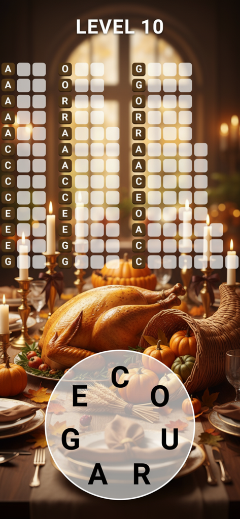 Word Trip - Word Puzzles Games - Word Trip gameplay screen with a Thanksgiving dinner theme and word search puzzle
