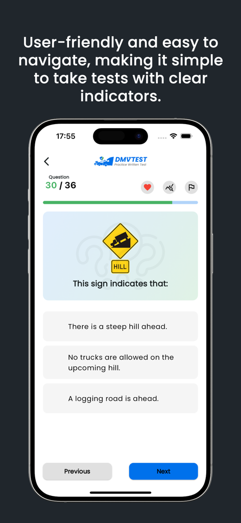 DMV Written Test Prep 2026 - Una pantalla de teléfono móvil que muestra una pregunta de práctica del examen del DMV sobre una señal de carretera de pendiente pronunciada con opciones de opción múltiple