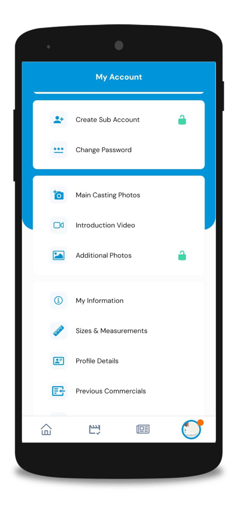 Promote Yourself - Casting - Pantalla Mi Cuenta en la aplicación de casting Promociónate, que presenta opciones de gestión de perfil de talento, incluyendo fotos, videos y medidas.