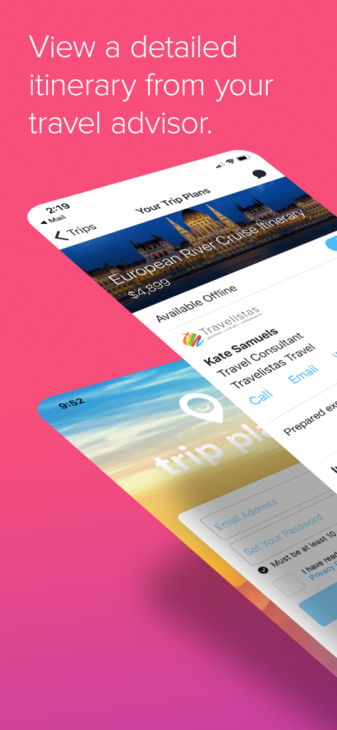 Trip Plans - iPhone screens displaying a travel itinerary and travel advisor contact information in the Trip Plans app