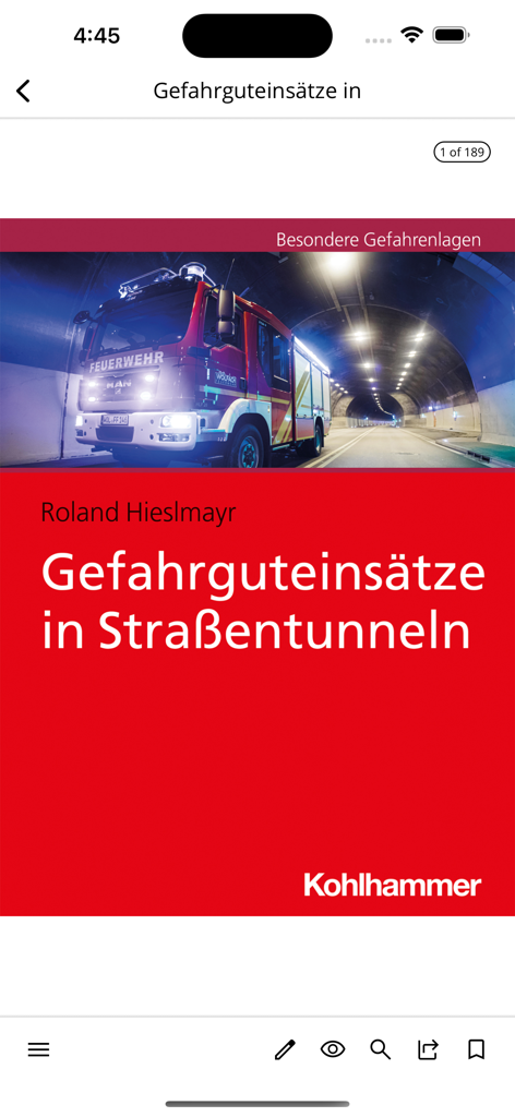 Brandschutzpublikation über den Umgang mit Gefahrstoffen in Straßentunneln, angezeigt in der BRANDSchutz-App.