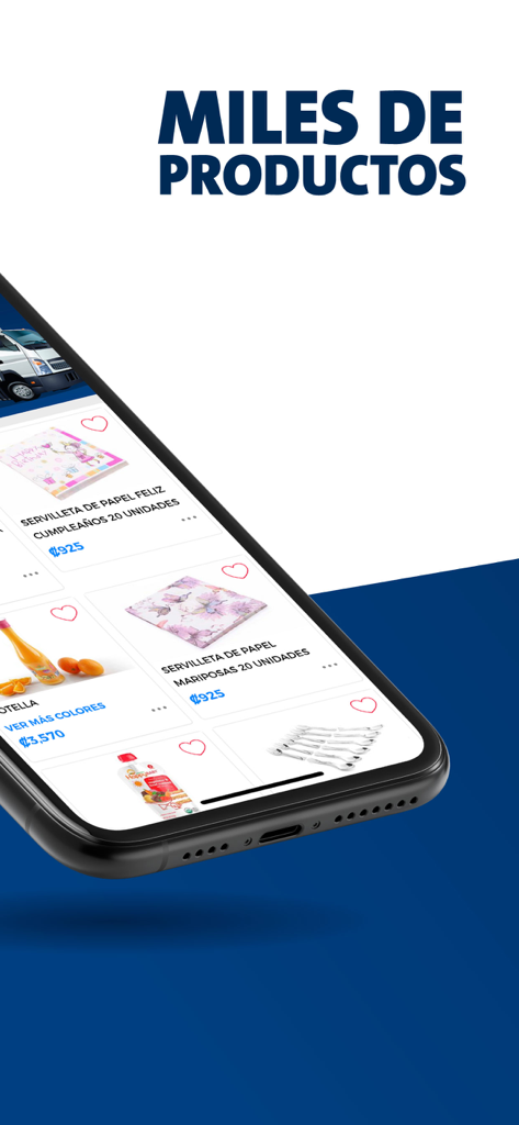 E-Fast - Un écran de smartphone affichant le catalogue de l'application de shopping E-Fast avec le titre Miles de Productos et plusieurs cartes de produits pour les articles ménagers.