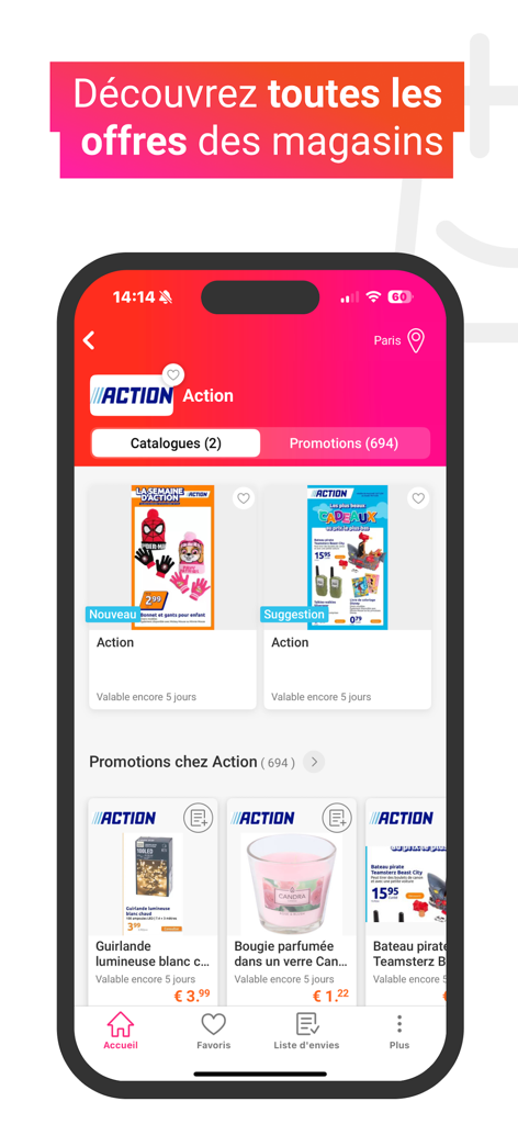 Interface de l'application Catalogues & Promotions France montrant les catalogues et offres du magasin Action.