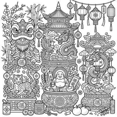 Immerse yourself in the rich traditions of the Lunar New Year with this stunning coloring page featuring beautifully detailed reliquaries. Discover intricate designs of dragons, phoenixes, and festive symbols awaiting your creative touch.