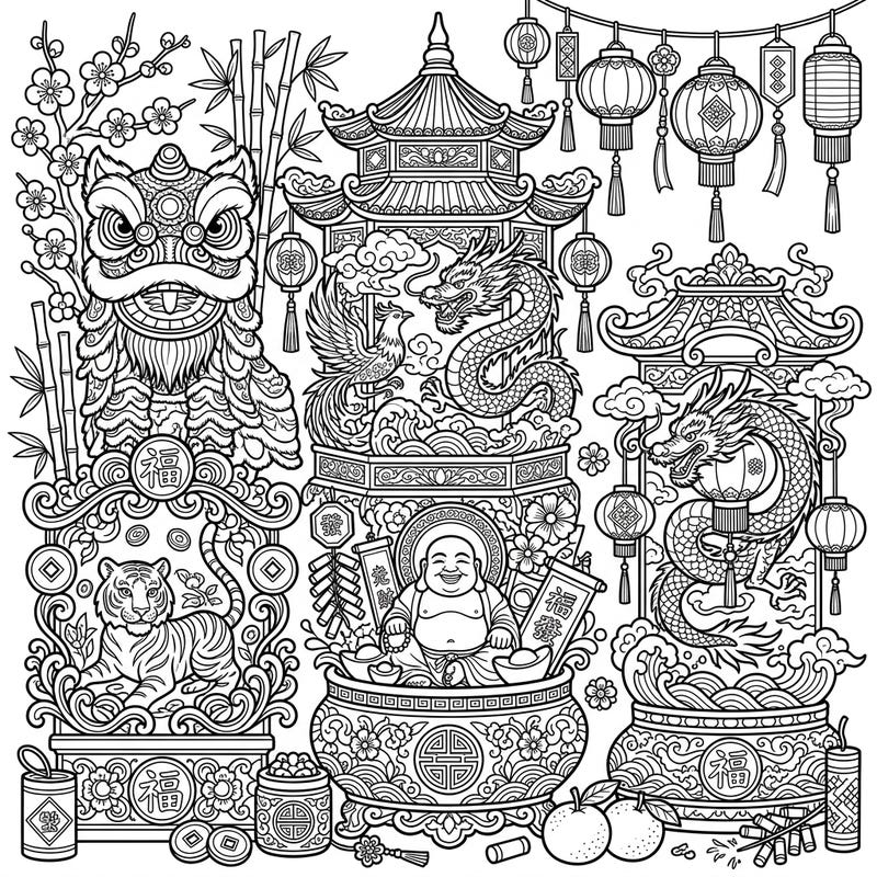 Immerse yourself in the rich traditions of the Lunar New Year with this stunning coloring page featuring beautifully detailed reliquaries. Discover intricate designs of dragons, phoenixes, and festive symbols awaiting your creative touch.