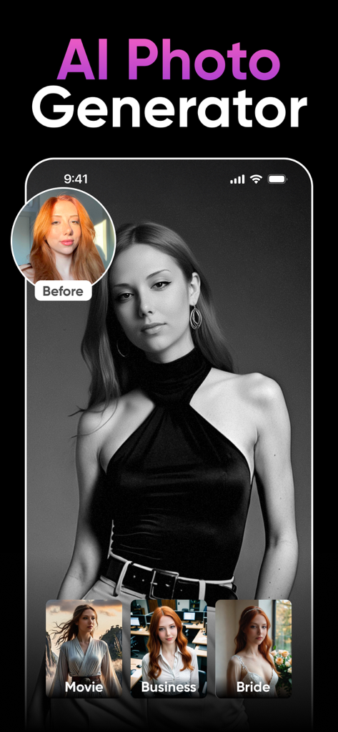 AI Photo Generator: Remake AI - AI photo generator app showing before and after photo transformations in various styles like business movie and bride