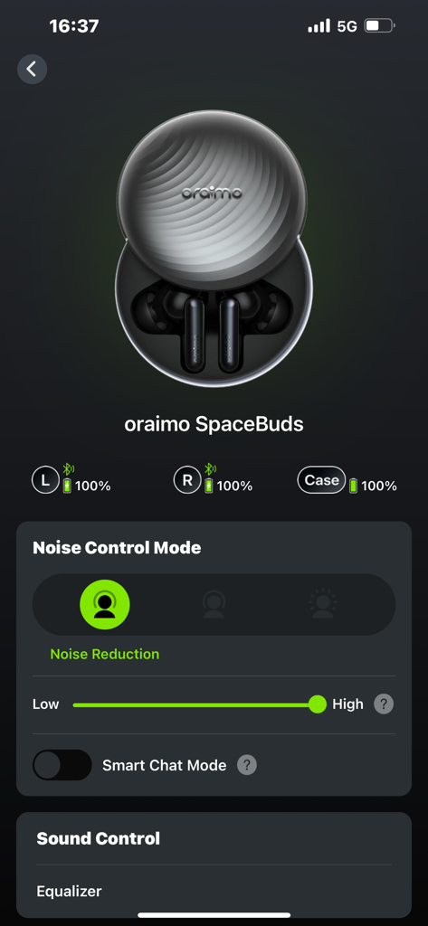 oraimo sound app dashboard displaying SpaceBuds battery levels and noise reduction controls
