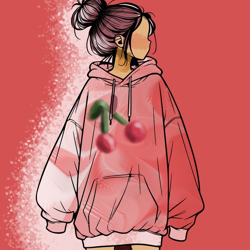 realistic girl with a oversized sweatshirt on and a bun