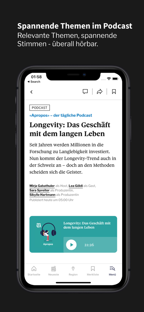Die Tages-Anzeiger Nachrichten-App Podcast-Player-Oberfläche, die eine Episode über Langlebigkeitsforschung anzeigt.